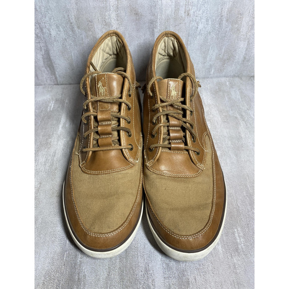 Polo Ralph Lauren Shoes Mens Size 14D Brown Tan Leather Canvas Boat Sneakers main image 5